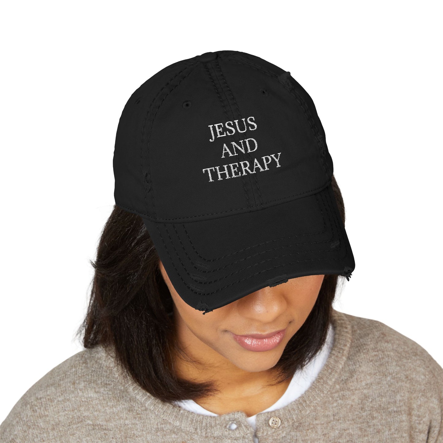 Jesus And Therapy Distressed Dad Hat